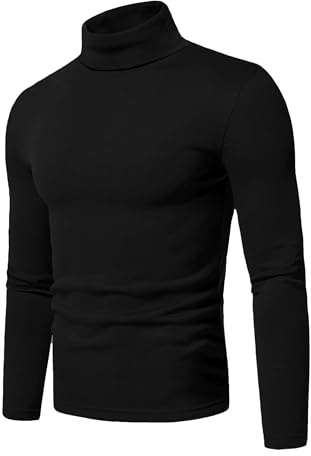 QIXING Men's Thermal Tops Long Sleeve Roll Neck Shirts Cotton Base Layer Thermal Underwear Tops (Black, M)