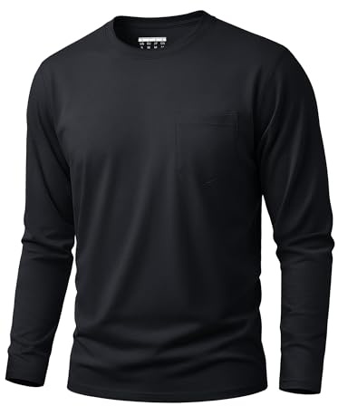 Cavva Herren T-Shirt Baumwolle Langarmshirt mit Brusttasche Rundhals Shirt | Weiches Baumwollgewebe; Praktische Brusttasche; Lässiger Basic-Stil für Arbeit und Alltagsaktivitäten