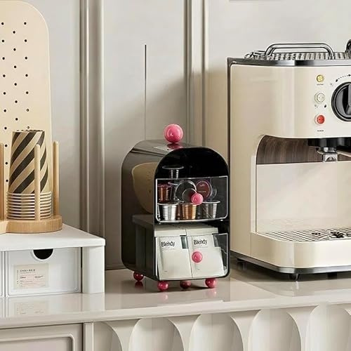 Qirc Tea Bag Organizer with Drawers, 2 Tier Coffee Pod Sugar Storage Holder, Transparent Teabag Shelf Station Stand for Kitchen, Countertop, Office, Tea Station (Black)