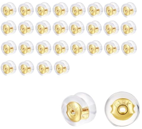 JYNXOR 30 Piezas Pendientes de oro de 18 quilates con cierre seguro para pendientes, repuestos de silicona para pendientes para pendientes/orejas caídas, pendientes hipoalergénicos sin dolor (dorado)