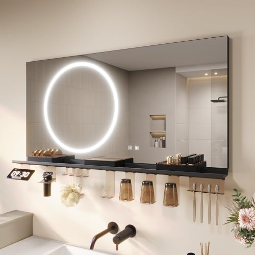 SONNI Badezimmerspiegel mit Beleuchtung 120x60 cm, LED Badspiegel mit Ablage 120cm, 3 einstellbare Lichtfarbe + Anti-Beschlag + Touchschalter, Ablage mit Handyhalter + Haken + Zahnbürstenhalter