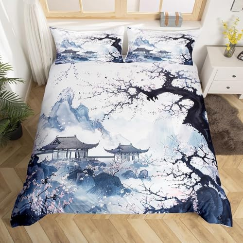 Plum Blossoms in a Pavilion King Size Duvet Cover Sets Blue Pattern Bedding Set 3D Print Quilt Cover 230x220 cm Soft Microfiber Lightweight with Zipper Closure and 2 Pillowcases f-1631