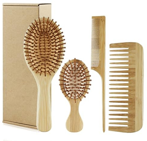 Juego de cepillos de bambú de 4 piezas, cepillos de bambú para el crecimiento del cabello, incluye peine de dientes anchos, peine de cola, paleta y pequeña para brillo y salud, masaje del