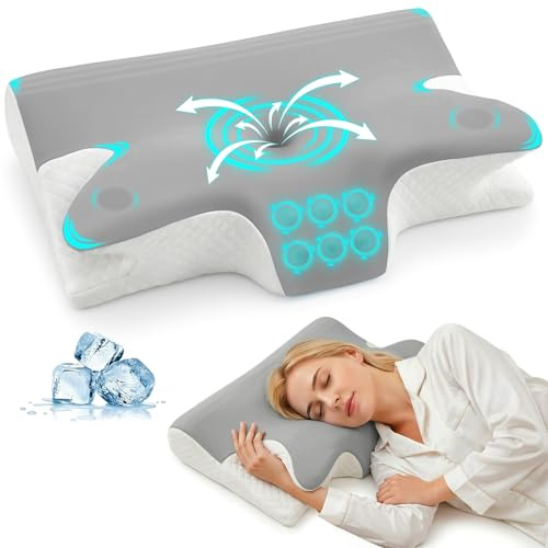 Rokehr Memory Foam Kudde 2 i 1, Nackkudde, Ortopedisk Kudde, Minnesskumkudde med Tvättbart Örngott, Ergonomisk Nackkudde för Sidosömn Rygg och Magsömma 60x43x14/12cm Grå