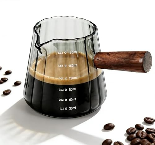 Espresso Measuring Cup,180ml/6oz Espresso Measuring Cups with V-Spout, Heat-Resistant Wooden Handle Espresso Shot Glass, Dual Scale Measuring Jug for Coffee Machine, Coffee Machine Accessories