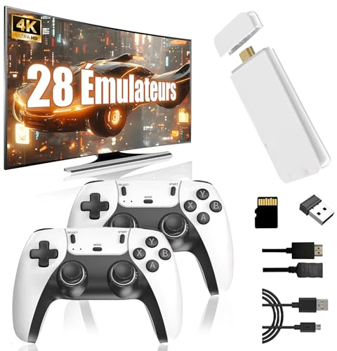 Console de Jeux Rétro 4K, Console Retrogaming Vidéo, Compatible avec 28 Émulateurs, 2 Manettes sans Fil, Manette de Jeu Stick Portable Plug and Play pour TV (128 Go)