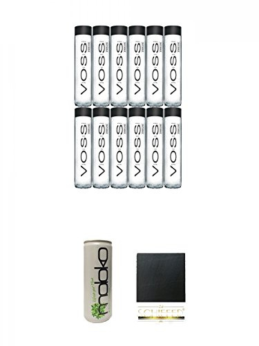 Voss Artesian SPARKLING Gletscher Wasser in Glasflasche 12 x 0,8 Liter + Moloko Softdrink 0,25 Liter + Schiefer Glasuntersetzer eckig ca. 9,5 cm Durchmesser