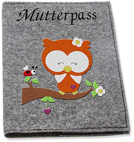 Mutterpass-hülle Wollfilz bestickt ★ Motiv Eule Käfer ★ Filzfarbwahl hellgrau grau dunkelgrau ★ Handarbeit ★ passend für den deutschen Mutterpass ★ (grau)