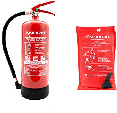 Feuerlöscher Orig. ANDRIS® 6kg ABC Pulver mit Manometer EN 3 inkl. Löschdecke 1,6 x 1,8m, Wandhalterung, Orig. ANDRIS® ISO-Symbolschild Folie & ANDRIS® Prüfnachweis mit Jahresmarke
