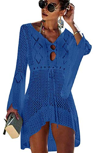 EDOTON Stickad strandklänning för kvinnor, bikini-cover up, sommar, strand, täckande bikiniblus, D- blå, En Storlek