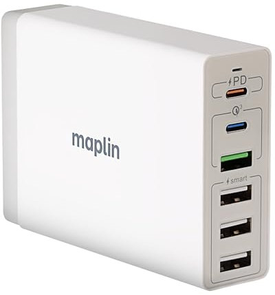 Maplin 6 Port USB Charger 4x USB-A & 2x USB-C 65W 10A High Speed, 1m Cable, for iPhone 15/14/13/12/11/SE/X/XS/XS MAX/XR/8, iPad/Pro/Mini/Air, Samsung, Kindle & more
