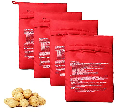 XINGZI Bolsa de cocina de patatas para microondas, 4 unidades, reutilizable y lavable, ahorra tiempo, bolsa de tela para hornear para cualquier tipo de patatas, hornea patatas perfectas en solo 4