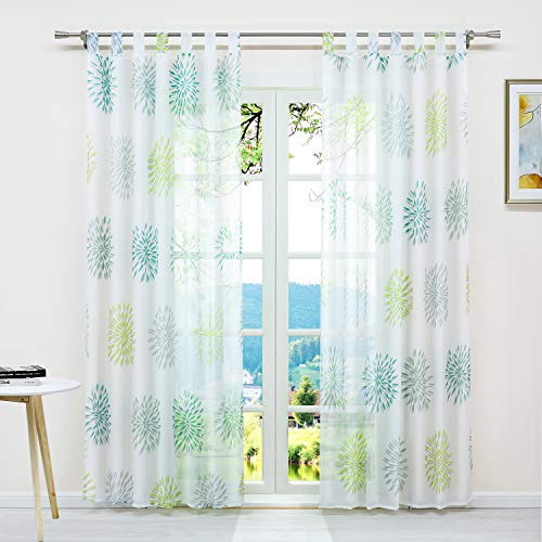 ESLIR Gardinen mit Schlaufen Vorhänge Fensterschal Transparent Schlaufenschal mit Kreis Muster Voile Grün BxH 140x225cm1 Stück