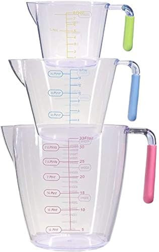 SGAONSN Plastic Measuring Jug Set of 3, Measuring Jugs with Angled Grip Handles,BPA-freeTransparent Measuring Cups 200ML / 400ML / 900ML, Easy to Read Measurements, Cook with Accuracy