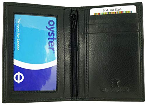 Hide and Sleek Real Leather Card Holder with Twin ID Windows Tap & Go Travel Oyster Bus ID Pass (Black No RFID)