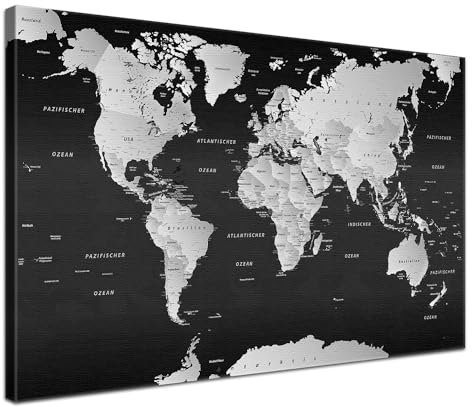 Stilvolle Pinnwand Weltkarte - SW - Deutsch in 80 x 60 cm, stabile Rückwand zum Pinnen inkl. Starterkit - Leinwand-Kunstdruck Wandbild Landkarte XXL
