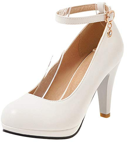 Décolleté Donna, Scarpe Tacco a Cono Eleganti Scarpe da Sposa Tacco Alto Punta Rotonda con Cinturino alla Caviglia con Plateau Fibbia Bianco Numero 37 EU