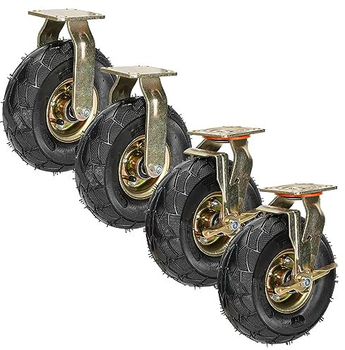 200mm 250mm Schwerlastrollen Für Möbel Leise Luftreifen Gummi Rollen 4er SET, 360°Drehbar Industrie Transport Lenkrolle Mit Bremse & Metallplatten, Ersatz Rollen Für Trolleys Möbel Werkbank (Color :