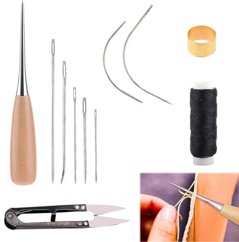 Agujas de Coser Kit, Agujas de Coser con Hilo, 10 Piezas Costura de Cuero Agujas, Herramientas Cuero con Agujas Coser a Mano, para Reparar Cuero Manta Tapicería Lona Tela Gruesa etc