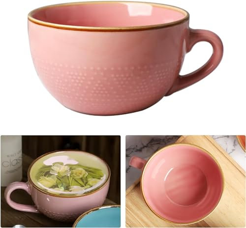 700ml Keramik Suppentassen, Kaffeetasse Groß, Kaffeebecher mit Henkel, Kaffee Tee Müsli Becher, XXL Tasse, Keramik Becher Mikrowellengeeignet (Rosa)