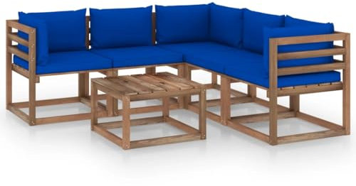 BUKSCYJS Schaukelstuhl,TerassenmöBel AußEn,Campingstuhl6-Tlg. Garten-Lounge-Set Kissen Blau Kiefer ImpräGniertgeeignet FüR Garten, Terrasse, Wohnzimmer, BüRo, Outdoor