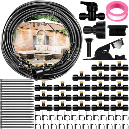 GUHAOOL Brumisateur Terrasse Exterieur, Kit d’Irrigation Système de Brumisateur Extérieur 18M avec 20 Buses de Brume avec Joint en T, Kit de Tuyau Brumisateur par Brume pour Jardin Parasols, Piscine
