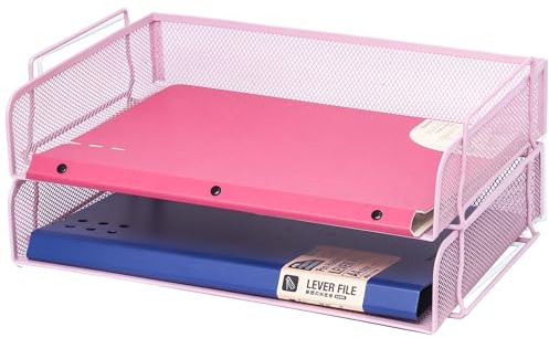 EASEPRES 2 Pack Stackable Desk Paper Tray, Metal Mesh Desktop Document Letter File Organizer for Office Home School, 13.5'' L x 9.75'' W x 5.5'' H, Pink