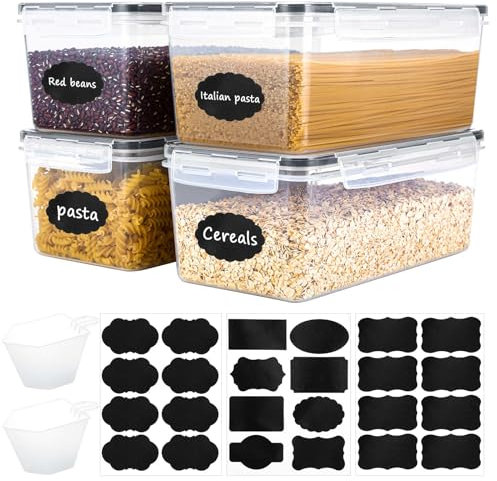 Kasanni 3,2L Contenitori Ermetici per Alimenti 4 Pezzi,Contenitori per Alimenti Ermetici Cucina Senza BPA Cereali Plastica Jars con Coperchio, Utilizzato per la Porta Muesli,Farina, Cornflakes