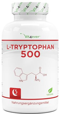 L-Tryptophan 500 mg - 240 vegane Kapseln - Aus pflanzlicher Fermentation - 8 Monate Reichweite - Ohne Zusätze - Vegan
