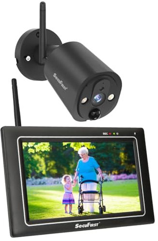 SecuFirst 2K Überwachungskamera Aussen Set mit Innen Monitor,7 Zoll Touchscreen Babyphone mit Kameraüberwachung,Outdoor Camera Arbeiten ohne WLAN,AI Bewegungsmelder,64GB Speicherkarte,Gegensprech.