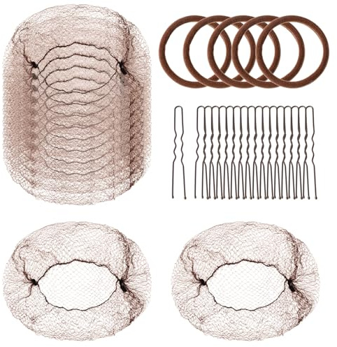 Hair Nets for Buns 30PCS Invisible Hair Net with 40PCS U Shaped Hair Pins and 5PCS Hair Elastic Bands,Brown Tulle hair net for Women, Nurse, Ballet Bun Maker Dance (Brown)