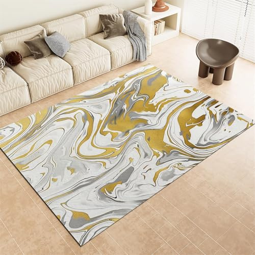 Teppich 60x90cm für Wohnzimmer und Schlafzimmer Moderne DekoMarmor Wirbelt Fluid Luxury Flauschiger und Rutschfester Waschbar Kurzflor Teppich Gold Silber, Faltbare weiche Kindermatte