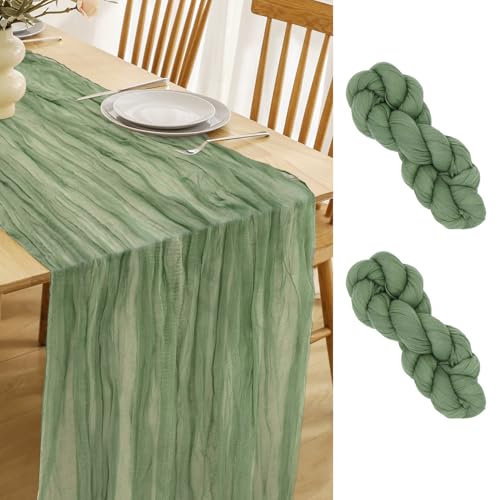 LUKDUNG 2 Stück Tischläufer, Seihtuch Tischläufer, Boho Gaze Stoff Käsetuch, Rustikaler Tischdecke für Hochzeitsdeko Tischdeko, 90 x 300 cm (Salbeigrün, 90 x 300 cm, 2 Stück)