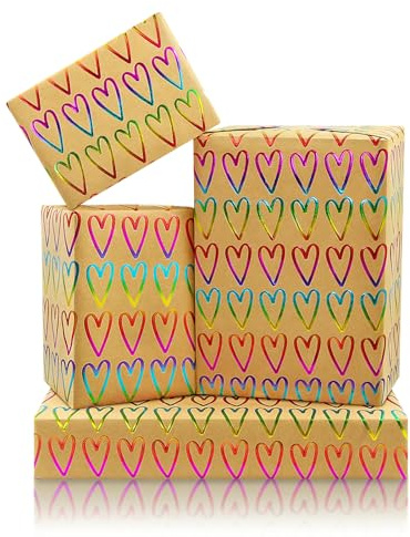 GeschenkpapierHerzform, Regenbogenfarben Geschenkpapier, 1 Mini-Rolle, 43 x 300 cm pro Rolle, Süßes Herz-Geschenkpapier für Hochzeit, Brautparty, Verlobung, Valentinstag, Jahrestag, Geburtstag