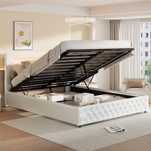 JiaOyu Hydraulisches Bett 140x200cm – Polsterbett mit Lattenrost, LED-Beleuchtung & Großem Stauraum, Doppelbett aus Kunstleder Weiß – Modernes Funktionsbett für Schlafzimmer & Gästezimmer (140x200cm)