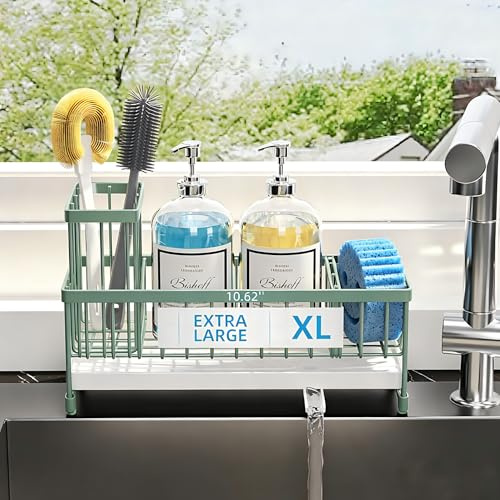 Moforoco Extra Large Sponge Holder for Kitchen Sink Organizer Caddy, Dish Brush Scrubber Holder,Stainless Steel Sink Box Utensil Holder,Soap Dispenser Set Tray Counter Accessories（Sage Green ）