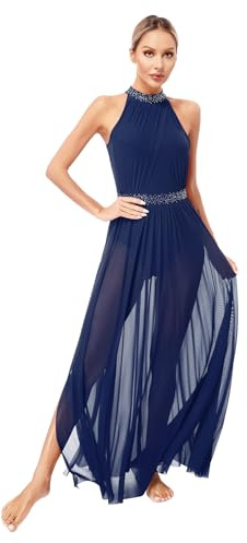 Riismen Costume Lyrical Danza per Donne Body con Strass e Maglia Tulle - Vestito Lungo da Balletto per Pattinaggio su Ghiaccio e Competizione Abbigliamento Danza Blu Scuro M
