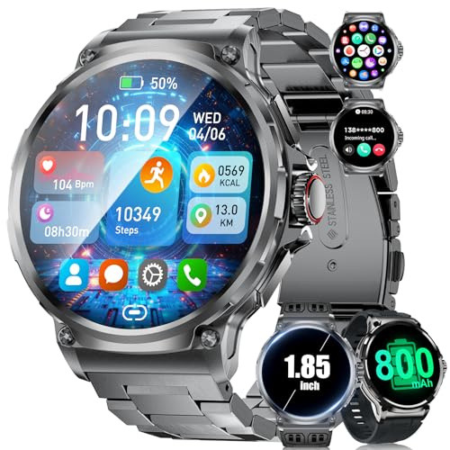 SUNKTA Smartwatch Uomo con 3 Cinturini 800 mAh,1.85 Orologio Smart Watch Militari con Chiamata Bluetooth 123 Modalità Sportive 5ATM Impermeabile Sonno/Cardiofrequenzimetro per Android iOS