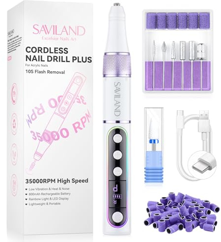 SAVILAND Nagelfräser Kabellos Tragbar für Gelnägel: 35000 u/min Fräser für Gelnägel, Professionell Elektrische Nagelfeile für Gelnägel Maniküre Pediküre Set Elektrisch für Semi Permanent & Acrylnägel
