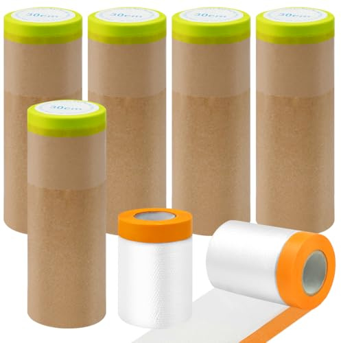 Byfoyif 7 Rouleaux de Ruban de Masquage, Comprenant 5 Papiers de Masquage 30cm x 15m et 2 Film Peinture 55cm x 20m, Bâche Protection Peinture Adhésif Anti-Poussière, pour Voiture Mur Meuble Sol