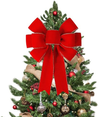 Fiocchi per Albero di Natale Grande Rosso Fiocco Puntale Albero di Natalizi Fiocchi Velluto Rossi Natalizio Decorazioni Natale per Uso Interno ed Esterno, Porte, Finestre e Caminetti