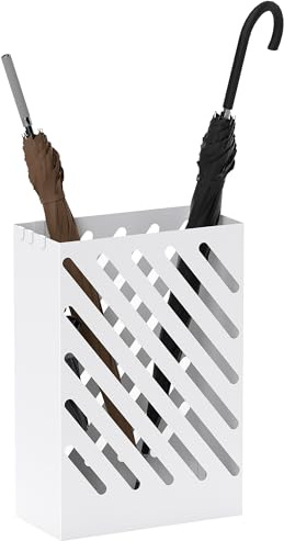 HOMCOM Paragüero de Acero Galvanizado, Soporte de Paraguas Estrecho con Bandeja de Goteo Extraíble, 4 Ganchos, Diseño de Cortes, para Entrada, Pasillo, Oficina, 28x14x41 cm, Blanco