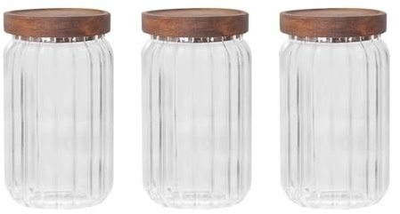 YöL Pack of 3 600ml Glass Storage Container Wooden Lid With Silicone Seal Modern Ribbed Finish - Dry Food Storage Jar Tea Coffee Sugar Flour Oats Pasta Cereal Kitchen