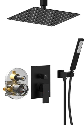 BiaoTeng Duschset Unterputz Decke Kopfbrause Regendusche Set Einhebelmischer Warm und Kalt Messing Duscharmatur Komplettset Schwarz
