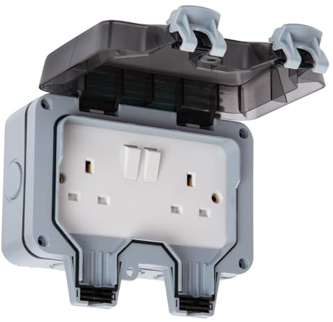 SLx Weatherproof Outdoor Socket 2 Gang IP66 Dual 13A Switched Sockets, Lockable Cover, Durable UV-Stabilised Housing, Wall-Mounted Waterproof Socket for Garden & Workshop
