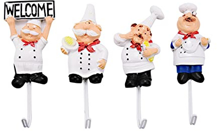 Qusedwey Paquete de 4 de Pared de Estatuilla de Chef Francés de Resina Percha Gancho de Estante Montaje de Pared de Cocinero (Estilo Surtido)
