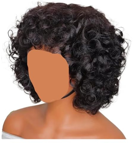 Peluca de cabello humano con flequillo suelto y rizado estilo bob, confeccionada a máquina for mujer