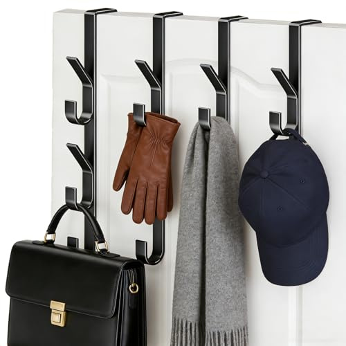 YiZhou Over Door Hangers 4-Pack, Heavy Duty Carbon Steel Vertical Door Hooks for Towels & Coats&Clothes&Hats& Bags, No Drill Overdoor for Bedroom & Bathroom, Holds 10kg (Black)