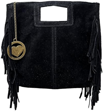 Chicca Borse Borsa a Mano da Donna in Pelle Scamosciata con Frange (Nero)