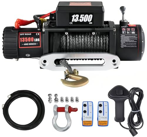 Elektrische 12V Seilwinde 6123 kg/13500 lb, 24m x 9.5mm Synthetikseil, IP68 Motorwinde 2 drahtlosen Fernbedienungen, für Anhänger, Geländefahrzeuge, 4x4-Fahrzeuge, UTV- und ATV-Abschlepp